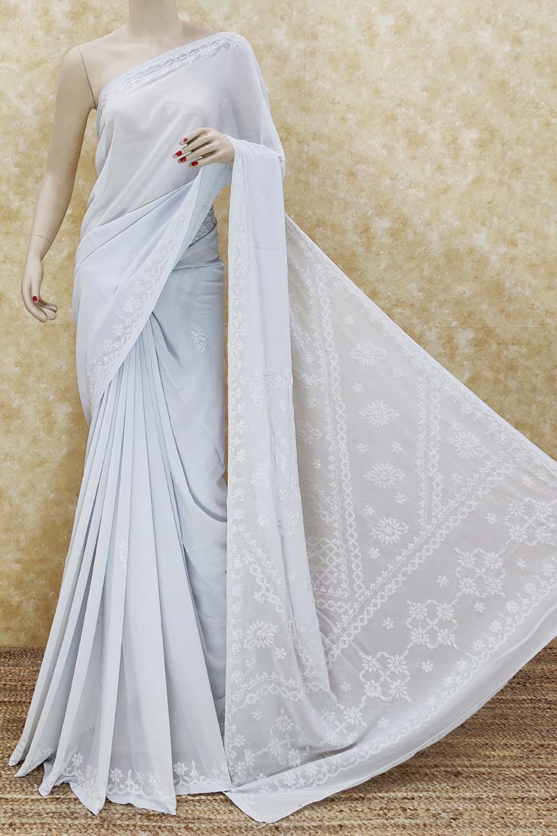 Grey Colour Designer Hand Embroidered Lucknowi Chikankari Saree ( With Blouse - Georgette ) MC251494